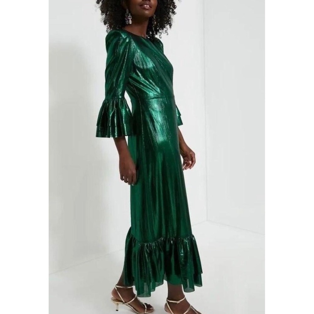 Pomander Place Lilith Emerald Green Ruffle Midi Dress Festive Holiday Glam large